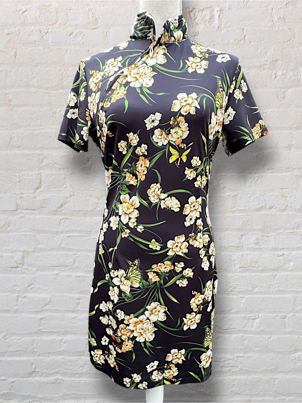 Sakaly Vintage Floral Cheongsam Mandarin Collar Bodycon Dress Size M Cocktail